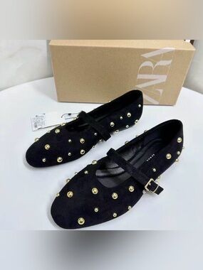 ZARA Black Suede Flats with Gold Stud Detailing
